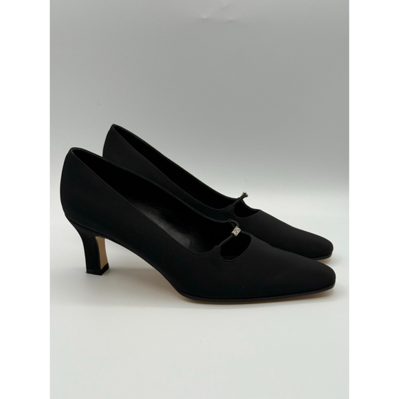 Vaneli Black Satin Pumps 7M – Made in Italy, Vero Cuoio Leather Sole, Rhinestone - Picture 6 of 8
